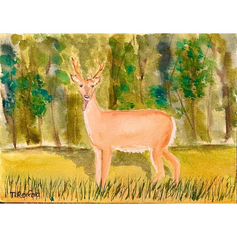 Hand painted watercolor original painting deer buck forest